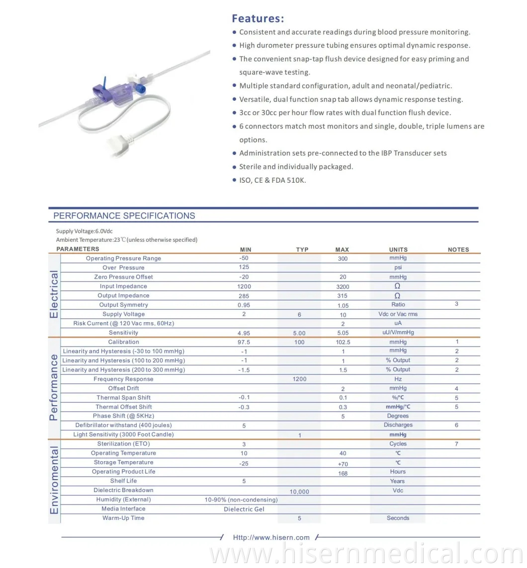 Medical Instrument Product China Factory Dbpt-0403 Hisern Medical Disposable Blood Pressure Transducer